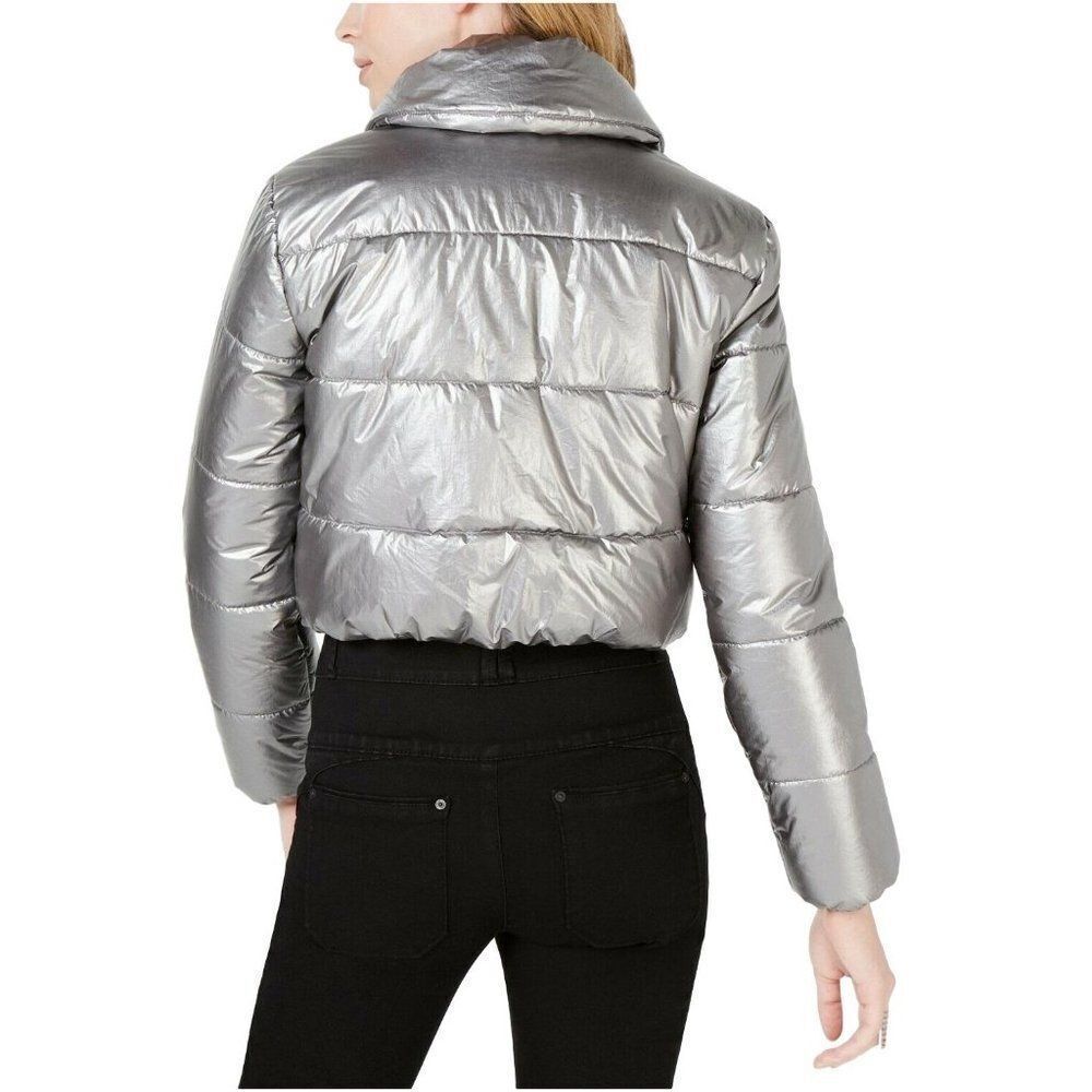 Bar III Puffer Silver Metallic Cropped Snap Zip Up Jacket - Picture 3 of 9